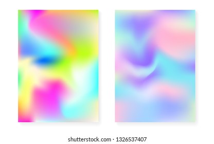 Holographic gradient background set with hologram cover. 90s, 80s retro style. Iridescent graphic template for brochure, banner, wallpaper, mobile screen. Futuristic minimal holographic gradient.