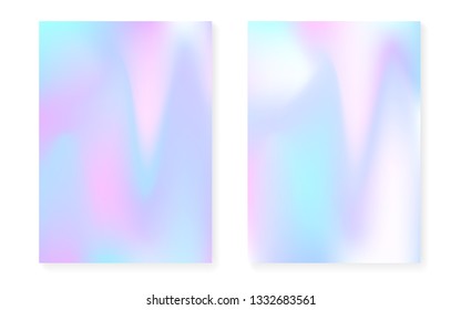 Holographic gradient background set with hologram cover. 90s, 80s retro style. Iridescent graphic template for placard, presentation, banner, brochure. Trendy minimal holographic gradient.