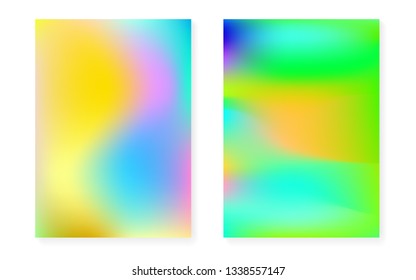 Holographic gradient background set with hologram cover. 90s, 80s retro style. Iridescent graphic template for placard, presentation, banner, brochure. Neon minimal holographic gradient.