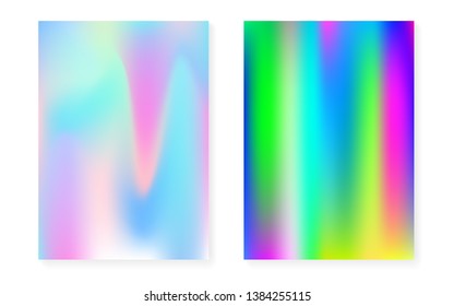 Holographic gradient background set with hologram cover. 90s, 80s retro style. Iridescent graphic template for brochure, banner, wallpaper, mobile screen. Colorful minimal holographic gradient.