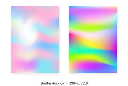 Holographic gradient background set with hologram cover. 90s, 80s retro style. Pearlescent graphic template for flyer, poster, banner, mobile app. Hipster minimal holographic gradient.