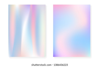Holographic gradient background set with hologram cover. 90s, 80s retro style. Iridescent graphic template for placard, presentation, banner, brochure. Multicolor minimal holographic gradient.