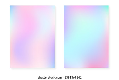 Holographic gradient background set with hologram cover. 90s, 80s retro style. Iridescent graphic template for flyer, poster, banner, mobile app. Rainbow minimal holographic gradient.