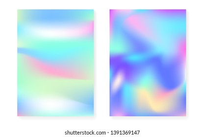 Holographic gradient background set with hologram cover. 90s, 80s retro style. Pearlescent graphic template for placard, presentation, banner, brochure. Creative minimal holographic gradient.
