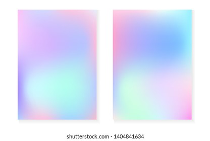 Holographic gradient background set with hologram cover. 90s, 80s retro style. Pearlescent graphic template for flyer, poster, banner, mobile app. Rainbow minimal holographic gradient.