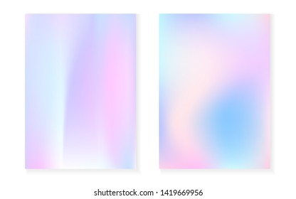 Holographic gradient background set with hologram cover. 90s, 80s retro style. Iridescent graphic template for placard, presentation, banner, brochure. Fluorescent minimal holographic gradient.