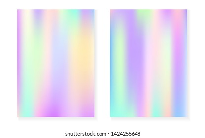 Holographic gradient background set with hologram cover. 90s, 80s retro style. Iridescent graphic template for placard, presentation, banner, brochure. Spectrum minimal holographic gradient.