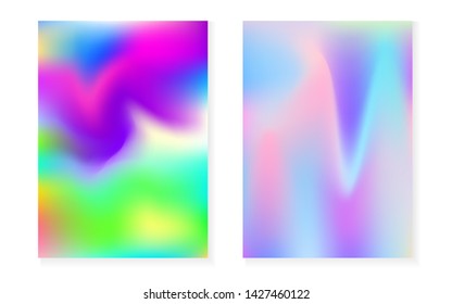 Holographic gradient background set with hologram cover. 90s, 80s retro style. Pearlescent graphic template for flyer, poster, banner, mobile app. Stylish minimal holographic gradient.