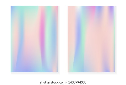 Holographic gradient background set with hologram cover. 90s, 80s retro style. Iridescent graphic template for book, annual, mobile interface, web app. Rainbow minimal holographic gradient.