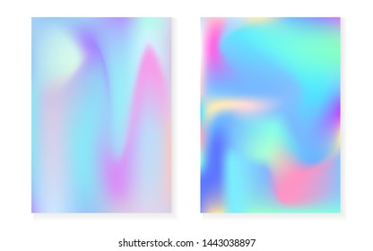 Holographic gradient background set with hologram cover. 90s, 80s retro style. Iridescent graphic template for brochure, banner, wallpaper, mobile screen. Colorful minimal holographic gradient.