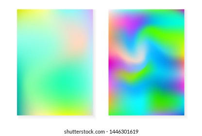 Holographic gradient background set with hologram cover. 90s, 80s retro style. Iridescent graphic template for brochure, banner, wallpaper, mobile screen. Colorful minimal holographic gradient.