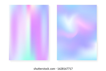 Holographic gradient background set with hologram cover. 90s, 80s retro style. Pearlescent graphic template for brochure, banner, wallpaper, mobile screen. Bright minimal holographic gradient.