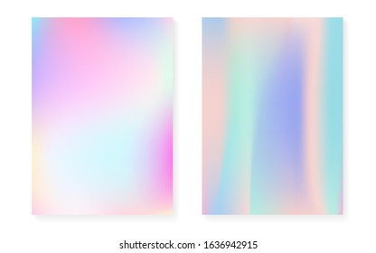 Holographic gradient background set with hologram cover. 90s, 80s retro style. Iridescent graphic template for book, annual, mobile interface, web app. Rainbow minimal holographic gradient.