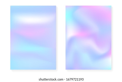 Holographic gradient background set with hologram cover. 90s, 80s retro style. Iridescent graphic template for brochure, banner, wallpaper, mobile screen. Plastic minimal holographic gradient.