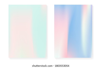 Holographic gradient background set with hologram cover. 90s, 80s retro style. Iridescent graphic template for flyer, poster, banner, mobile app. Colorful minimal holographic gradient.