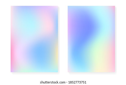 Holographic gradient background set with hologram cover. 90s, 80s retro style. Pearlescent graphic template for book, annual, mobile interface, web app. Colorful minimal holographic gradient.