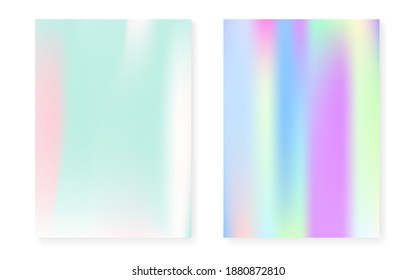 Conjunto de fondo de gradiente holográfico con cubierta holográfica. Estilo retro de los años 90 y 80. Plantilla gráfica irlandesa para folleto, banner, papel pintado, pantalla móvil. Gradiente holográfico mínimo de plástico.
