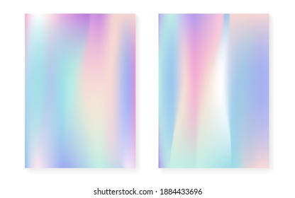 Holographic gradient background set with hologram cover. 90s, 80s retro style. Pearlescent graphic template for brochure, banner, wallpaper, mobile screen. Stylish minimal holographic gradient.