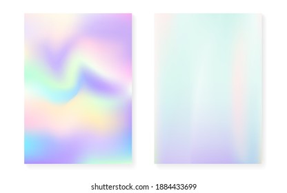 Conjunto de fondo de gradiente holográfico con cubierta holográfica. Estilo retro de los años 90 y 80. Plantilla gráfica irlandesa para el cartel, presentación, banner, folleto. Gradiente holográfico mínimo de plástico.