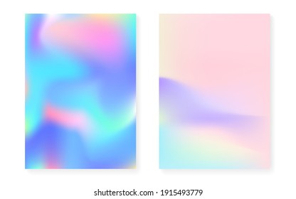 Holographic Gradient Background Set With Hologram Cover. 90s, 80s Retro Style. Iridescent Graphic Template For Flyer, Poster, Banner, Mobile App. Bright Minimal Holographic Gradient.