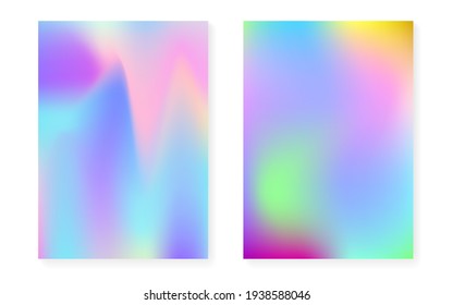 Holographic gradient background set with hologram cover. 90s, 80s retro style. Pearlescent graphic template for placard, presentation, banner, brochure. Colorful minimal holographic gradient.