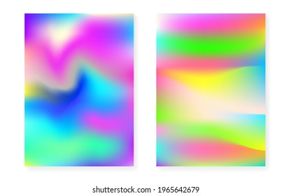 Holographic gradient background set with hologram cover. 90s, 80s retro style. Iridescent graphic template for placard, presentation, banner, brochure. Trendy minimal holographic gradient.