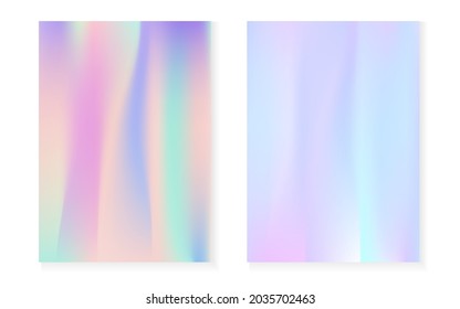 Holographic gradient background set with hologram cover. 90s, 80s retro style. Iridescent graphic template for flyer, poster, banner, mobile app. Plastic minimal holographic gradient.