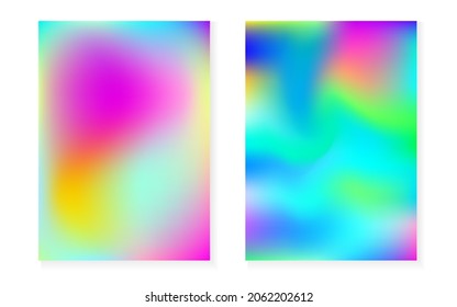 Holographic gradient background set with hologram cover. 90s, 80s retro style. Pearlescent graphic template for book, annual, mobile interface, web app. Hipster minimal holographic gradient.