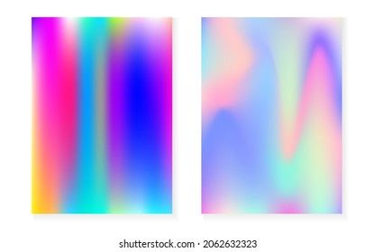 Holographic gradient background set with hologram cover. 90s, 80s retro style. Iridescent graphic template for brochure, banner, wallpaper, mobile screen. Rainbow minimal holographic gradient.