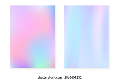 Conjunto de fondo de gradiente holográfico con cubierta holográfica. Estilo retro de los años 90 y 80. Plantilla gráfica Pearlescent para libro, anual, interfaz móvil, aplicación web. Gradiente holográfico mínimo fluorescente.