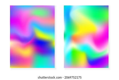 Holographic gradient background set with hologram cover. 90s, 80s retro style. Pearlescent graphic template for flyer, poster, banner, mobile app. Multicolor minimal holographic gradient.