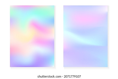 Holographic gradient background set with hologram cover. 90s, 80s retro style. Pearlescent graphic template for flyer, poster, banner, mobile app. Hipster minimal holographic gradient.