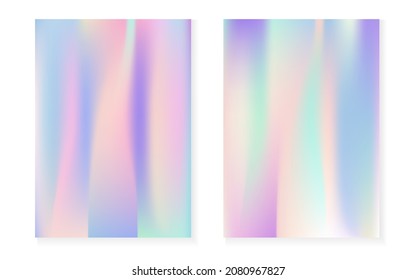 Holographic gradient background set with hologram cover. 90s, 80s retro style. Pearlescent graphic template for flyer, poster, banner, mobile app. Fluorescent minimal holographic gradient.