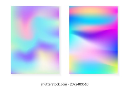 Conjunto de fondo de gradiente holográfico con cubierta holográfica. Estilo retro de los años 90 y 80. Plantilla gráfica de Pearlescent para pancarta, presentación, banner, folleto. Gradiente holográfico mínimo de plástico.