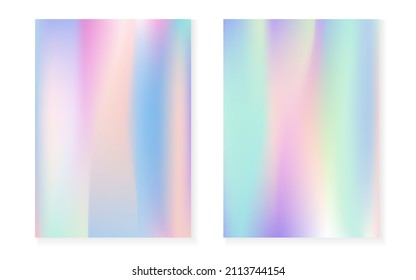 Holographic gradient background set with hologram cover. 90s, 80s retro style. Pearlescent graphic template for placard, presentation, banner, brochure. Neon minimal holographic gradient.
