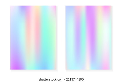 Holographic gradient background set with hologram cover. 90s, 80s retro style. Pearlescent graphic template for flyer, poster, banner, mobile app. Bright minimal holographic gradient.