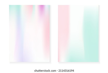 Holographic gradient background set with hologram cover. 90s, 80s retro style. Iridescent graphic template for book, annual, mobile interface, web app. Multicolor minimal holographic gradient.