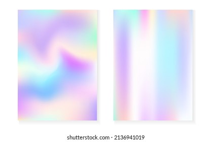 Holografischer Farbverlauf-Hintergrund mit Hologramm-Abdeckung. 90er, 80er Jahre Retro-Stil. Pearleszierende grafische Vorlage für Flyer, Poster, Banner, mobile App. Retro minimaler holografischer Farbverlauf.