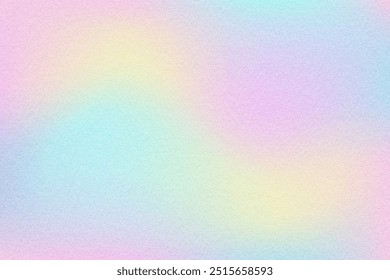 Fundo de gradiente holográfico. Mistura suave de cores pastel. Textura com ruído granulado. Cor da mistura do borrão azul amarelo-rosa. Ilustração texturizada para o design da Web do cartaz da capa do banner. Ilustração vetorial