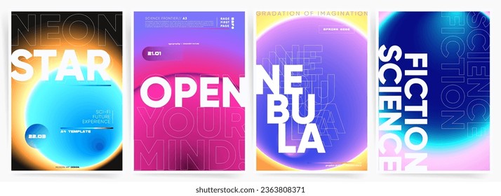 Holographic Gradient backgrounds Set. Space Neon Posters Covers for Futuristic, Abstract, Dark Fantasy and Sci Fi Books, Magazines and Event Banners.