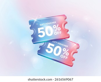 Holographic gradient chrome color a coupon tag label. 50 percent discount offer tag with shiny, glossy, reflective surface. Sale price promo sign. Special offer symbol.