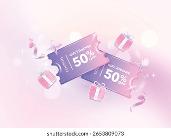 Holographic gradient chrome color a coupon tag label. 50 percent discount offer tag with shiny, glossy, reflective surface. Sale price promo sign. Special offer symbol.