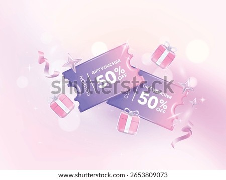 Holographic gradient chrome color a coupon tag label. 50 percent discount offer tag with shiny, glossy, reflective surface. Sale price promo sign. Special offer symbol.