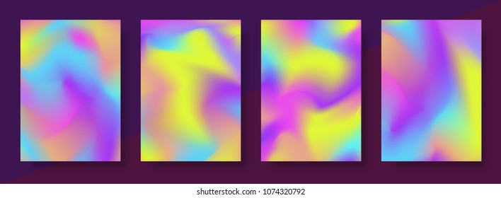 Holographic gradient cover design template set multicoloured background for packaging, brochure, collage, wallpaper, poster, book, printing, billboard, advertisement. Vector Illustration 10 eps