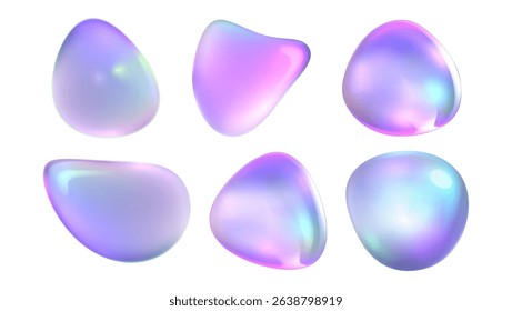 Holographic gradient drops - colorful abstract blobs in vivid pastel pink and purple, turquoise and blue hues. Iridescent liquid shapes. Bright decorative fluid elements, glossy vector bubbles.