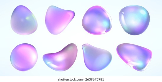 Holographic gradient drops - colorful abstract blobs in vivid pastel pink and purple, turquoise and blue hues. Iridescent liquid shapes. Bright decorative fluid elements, glossy vector bubbles.