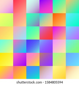 Holographic gradient examples palette. Multicolor green purple yellow orange pink cyan fluid circle gradients, colorful soft or vivid color flat vector set