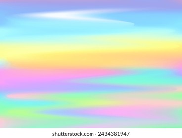 Diseño de vector de fondo de lámina de gradiente holográfico. Cubierta mágica de holograma de neón. Banner del partido de fondo de hadas. Patrón abstracto de desenfoque radiante. Fondo de pantalla digital holografía futurista.