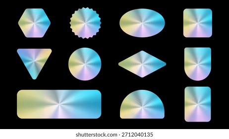 Holographic Gradient Geometric Shapes Set – Iridescent Circle, Hexagon, Oval, Square, Triangle, Semi-Circle, Rectangle and Diamond Vector Labels