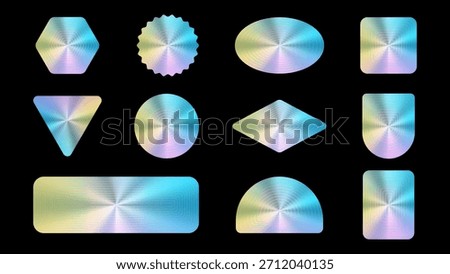 Holographic Gradient Geometric Shapes Set – Iridescent Circle, Hexagon, Oval, Square, Triangle, Semi-Circle, Rectangle and Diamond Vector Labels